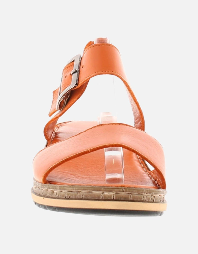 Womens Sandals Low Wedge Ellie Leather Buckle orange UK Size