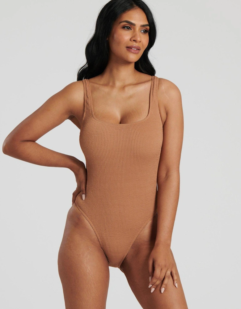 Crinkle Textured Scoop Neck Swimsuit - Light Brown