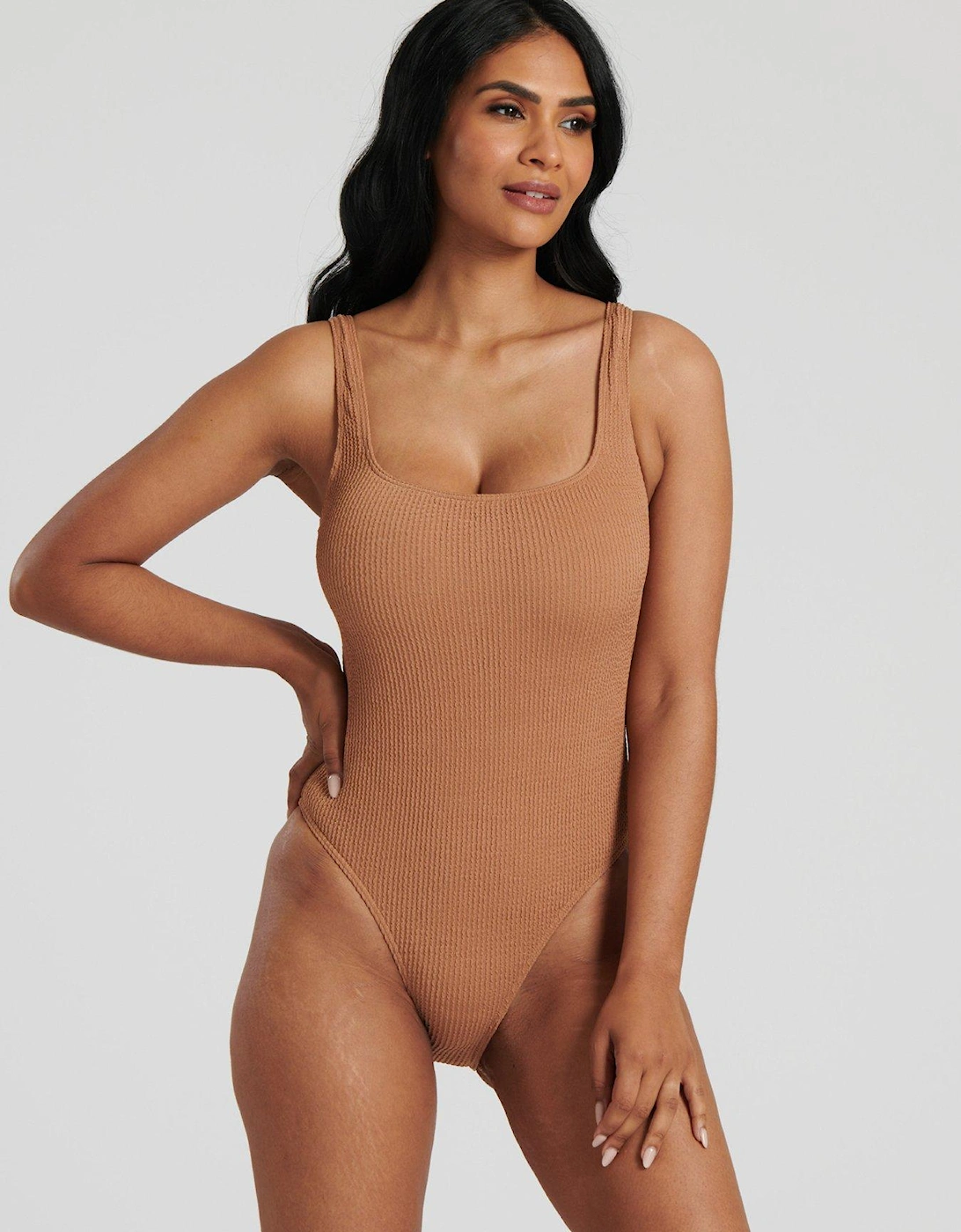 Crinkle Textured Scoop Neck Swimsuit - Light Brown, 6 of 5