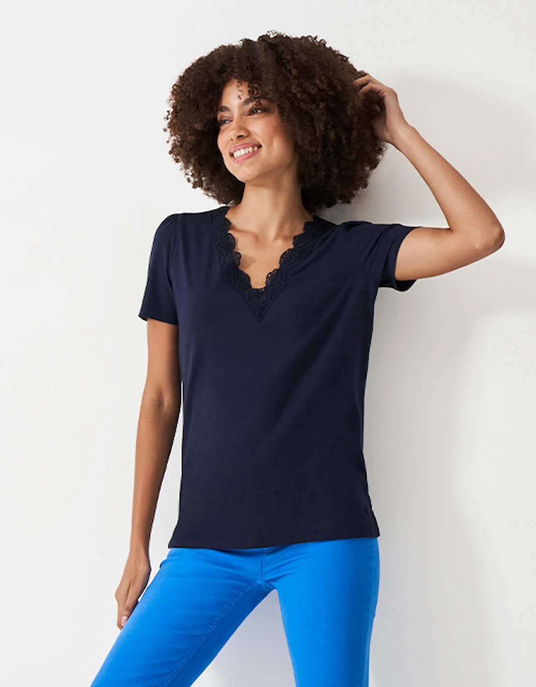 Women's Lace Insert Short Sleeve T-Shirt Dark Navy, 6 of 5