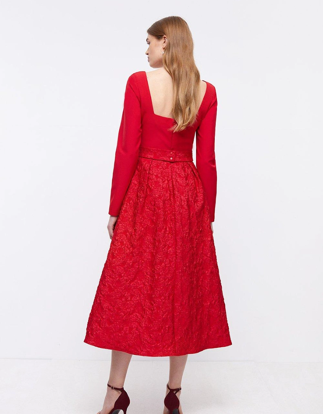 Long Sleeve Jacquard Skirt Belted Midi Dress