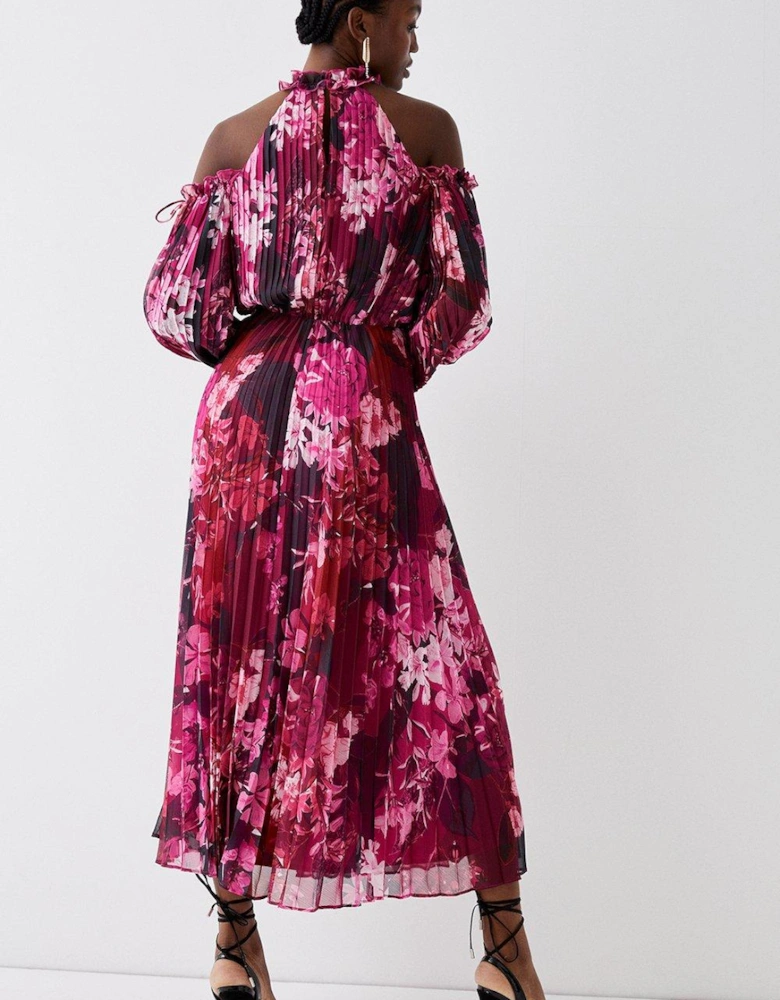 Cold Shoulder Pleated Chiffon Midaxi Dress