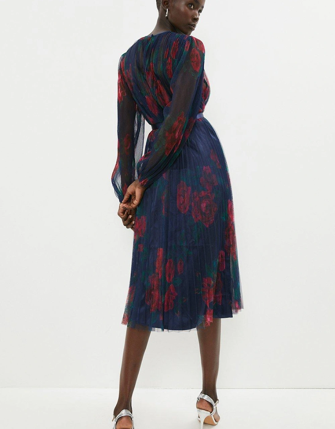 Mesh Printed Dress With Pleated Skirt