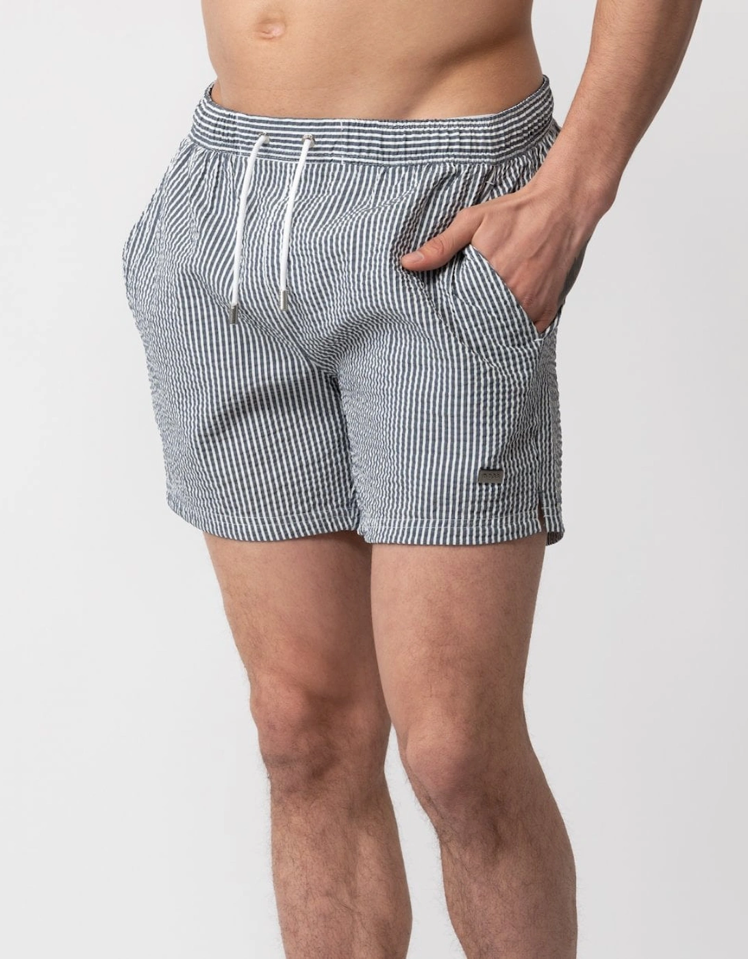 Orange Velvetfish Mens Seersucker Striped Swim Shorts