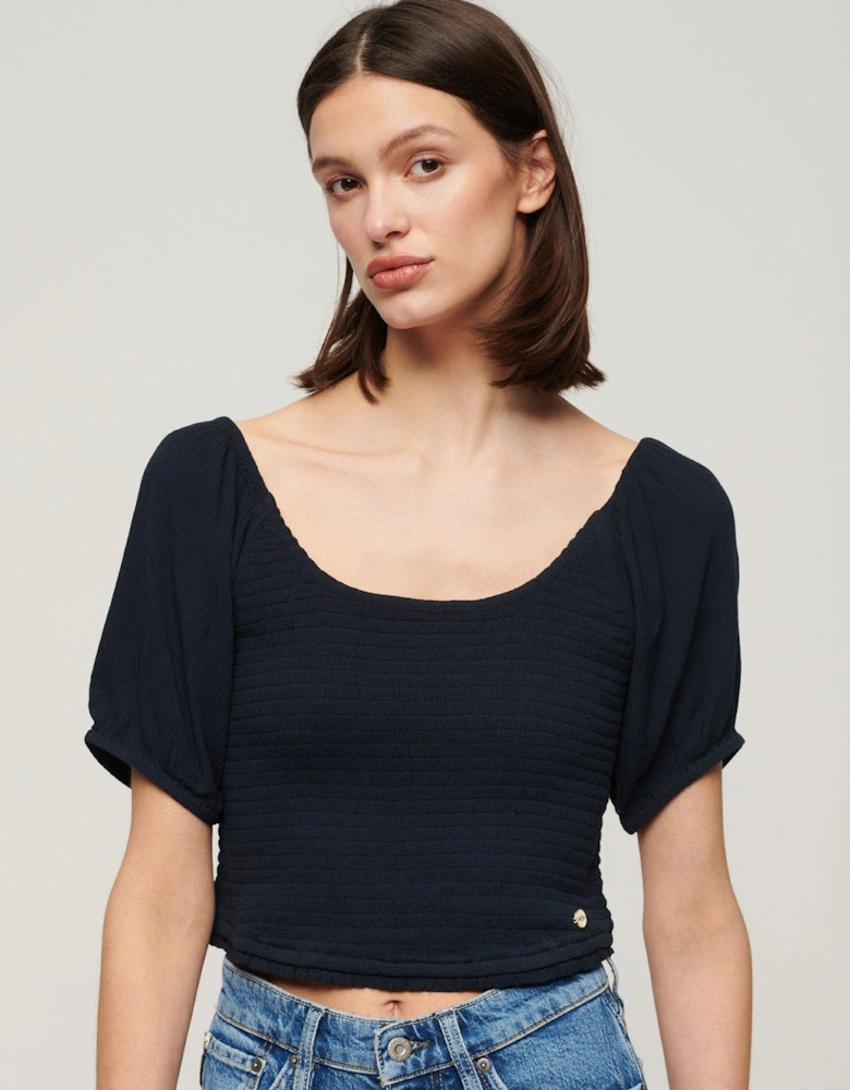 Smocked Woven Top - Navy