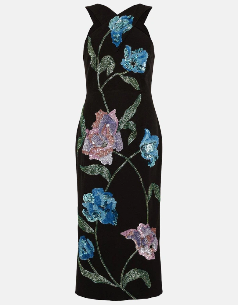 Cross Neck Hand Embellished Floral Pencil Dress