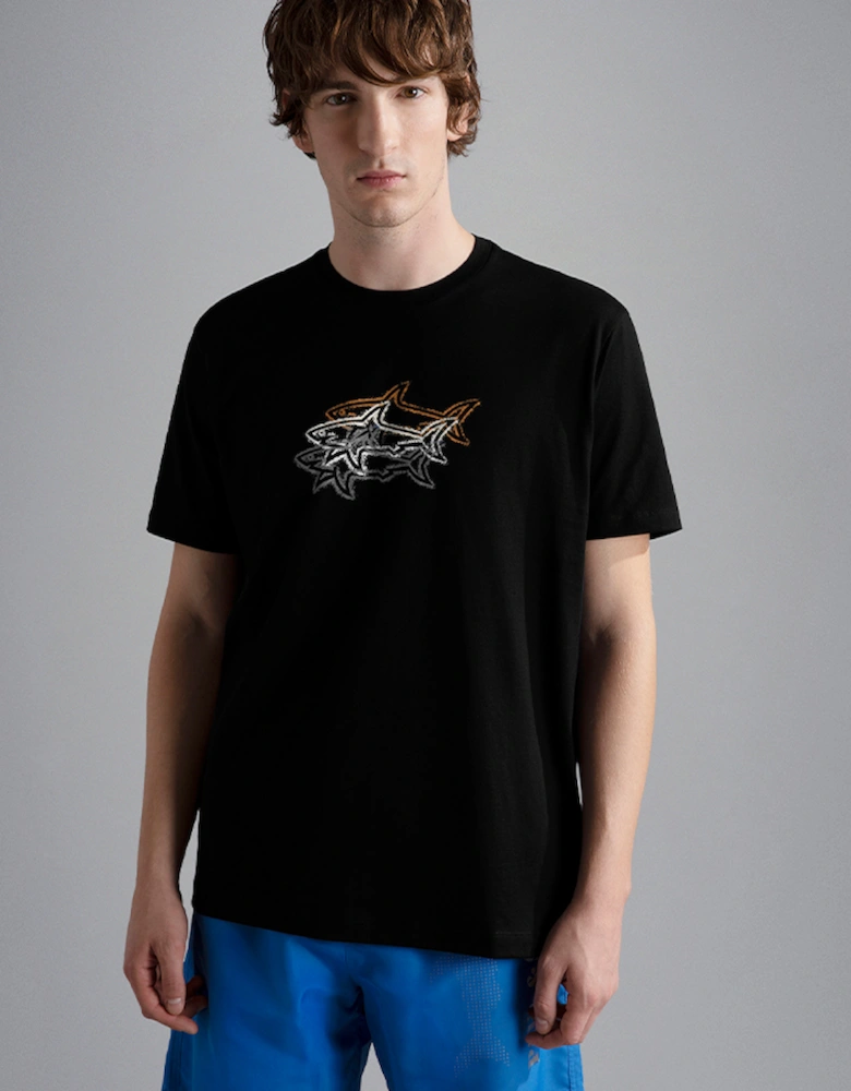 Men's Cotton Jersey T-Shirt with Multicolour Shark Print
