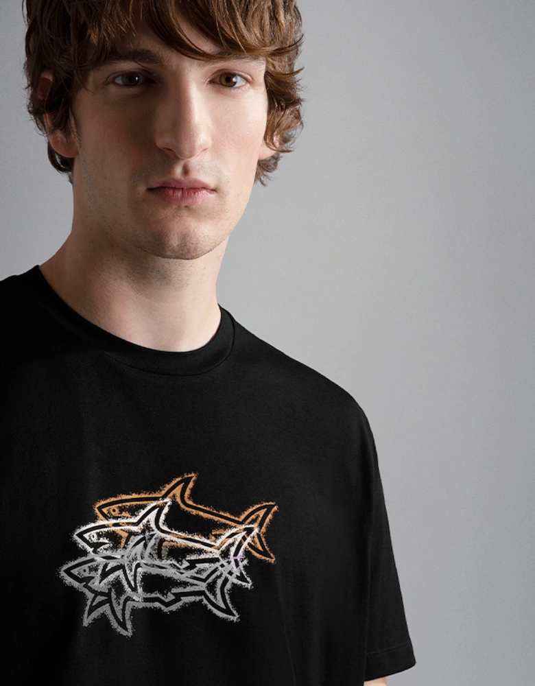 Men's Cotton Jersey T-Shirt with Multicolour Shark Print