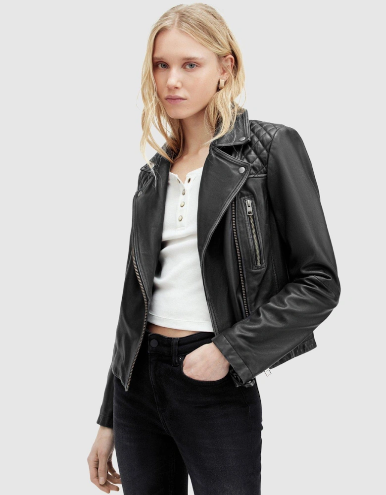 Relaxed Fit Cargo Leather Biker Jacket - Black