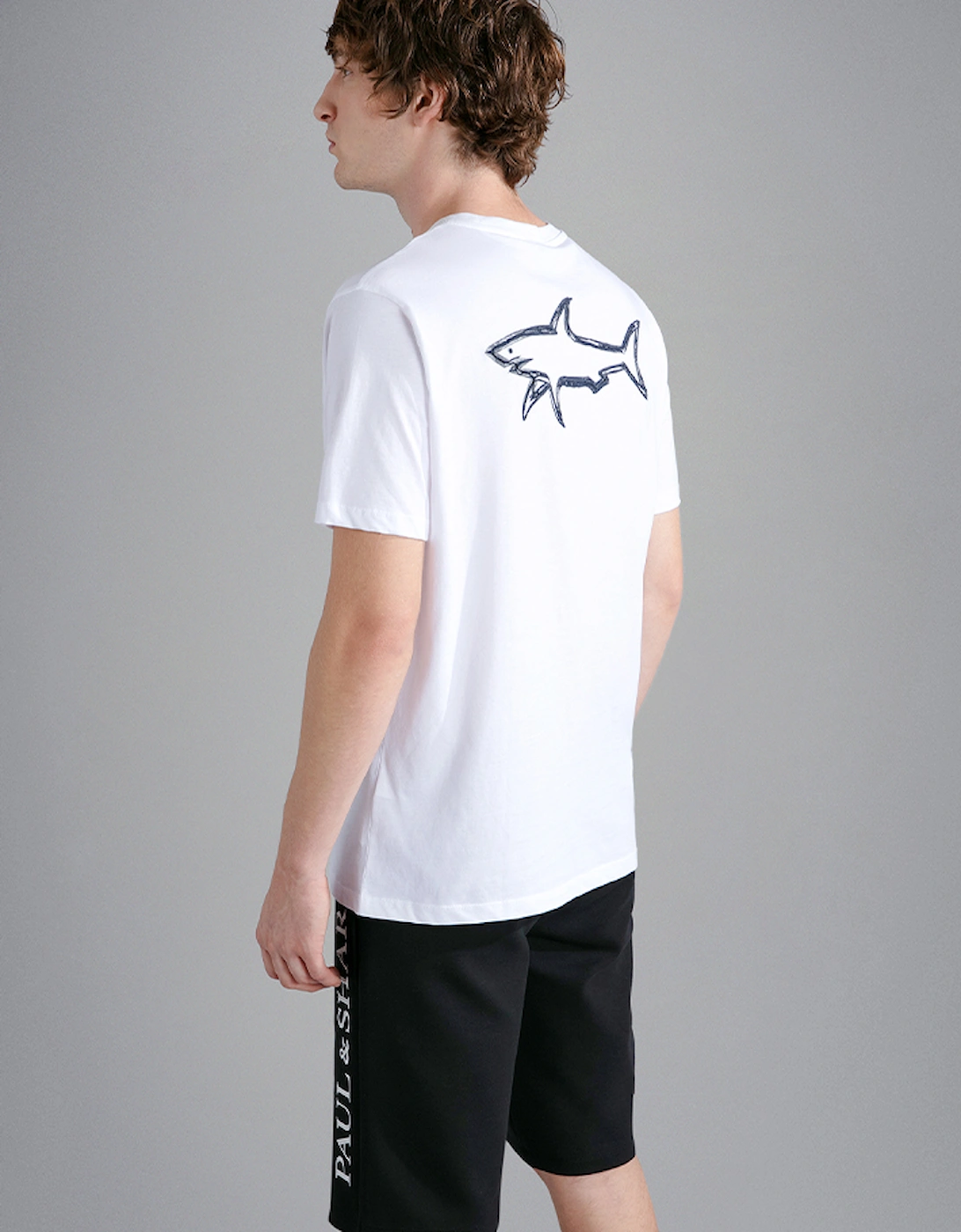 Men's Cotton T-Shirt with Shark Print and Patch