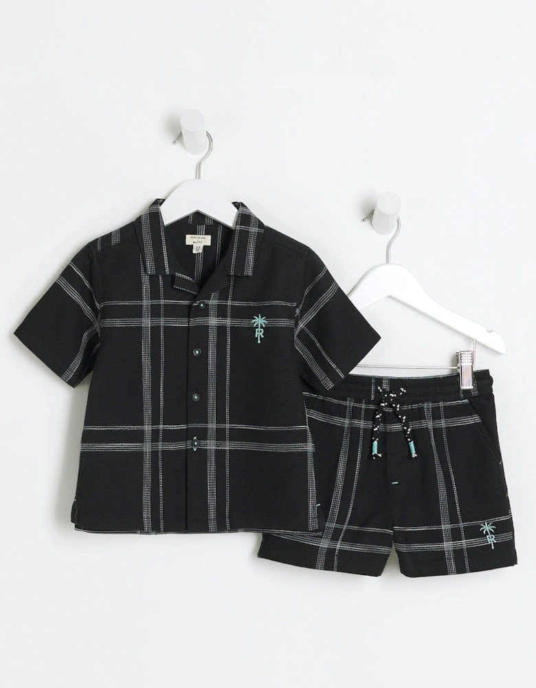 Mini Boys Check Shirt and Shorts Set - Black