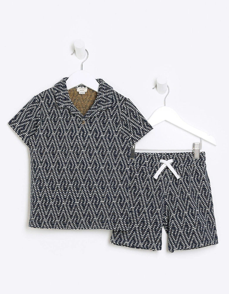 Mini Mini Boys Textured Geometric Polo Set - Navy