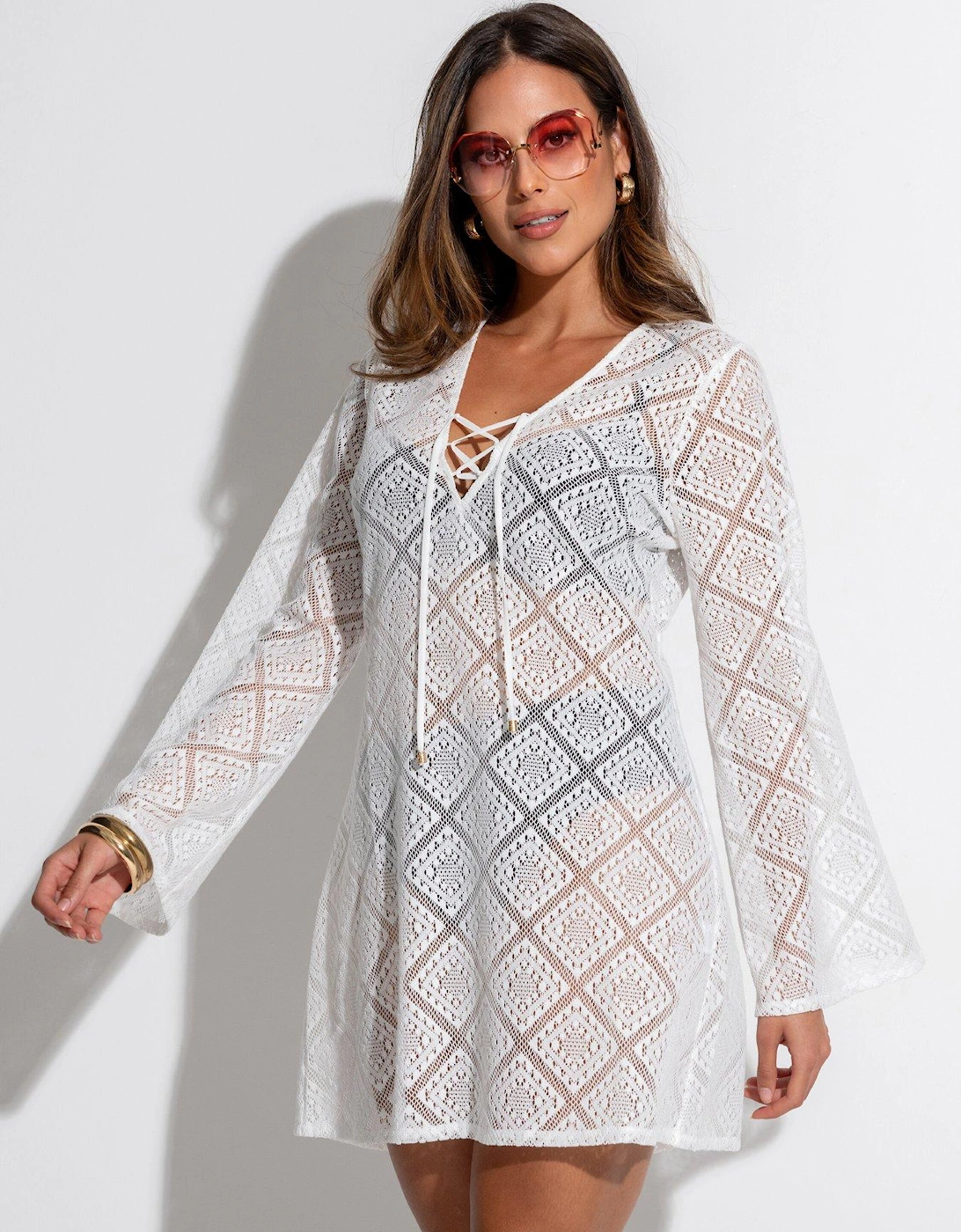 Pour Moi Crochet Lace Long Sleeve Beach Cover Up, 2 of 1