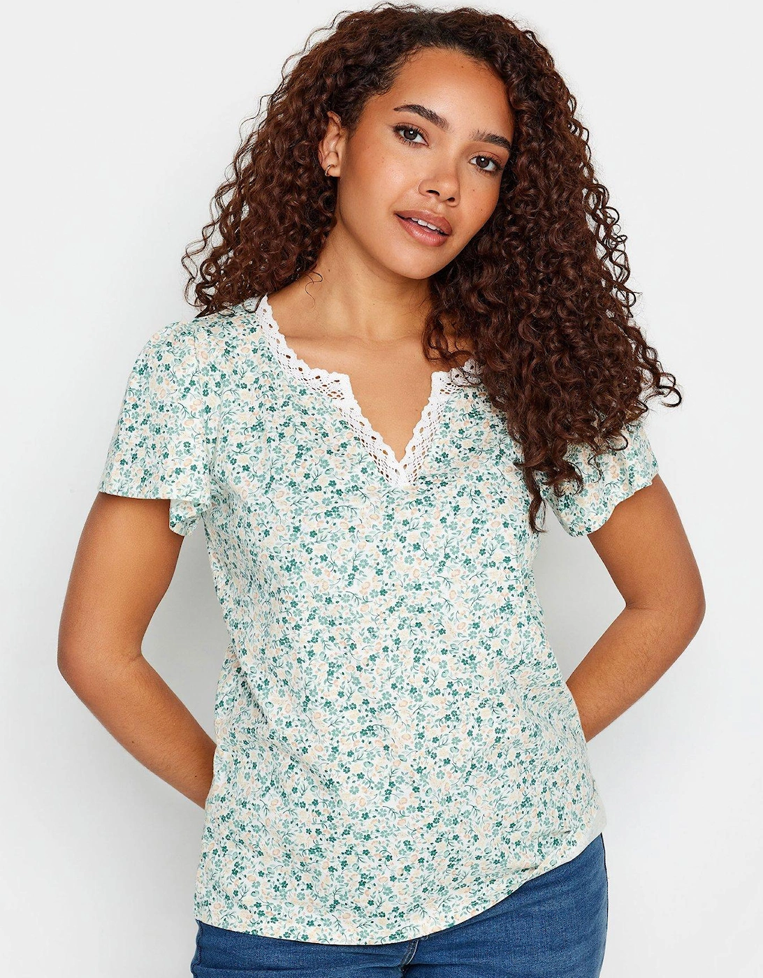 Ivory Ditsy Floral Lace Trim V Neck Cotton Top, 2 of 1