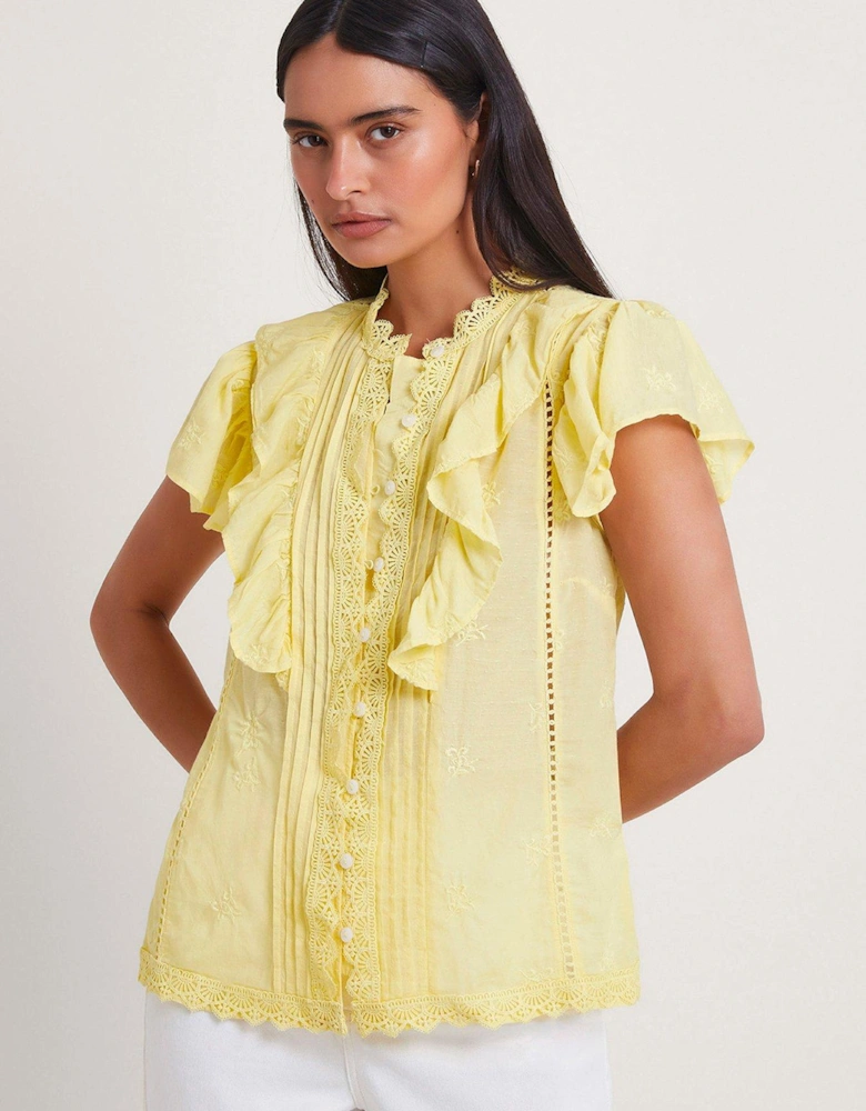 Rue Embroidered Ruffle Blouse - Yellow