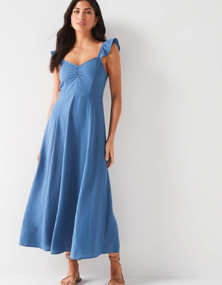 Frill Sleeve Textured Midaxi Dress - Blue