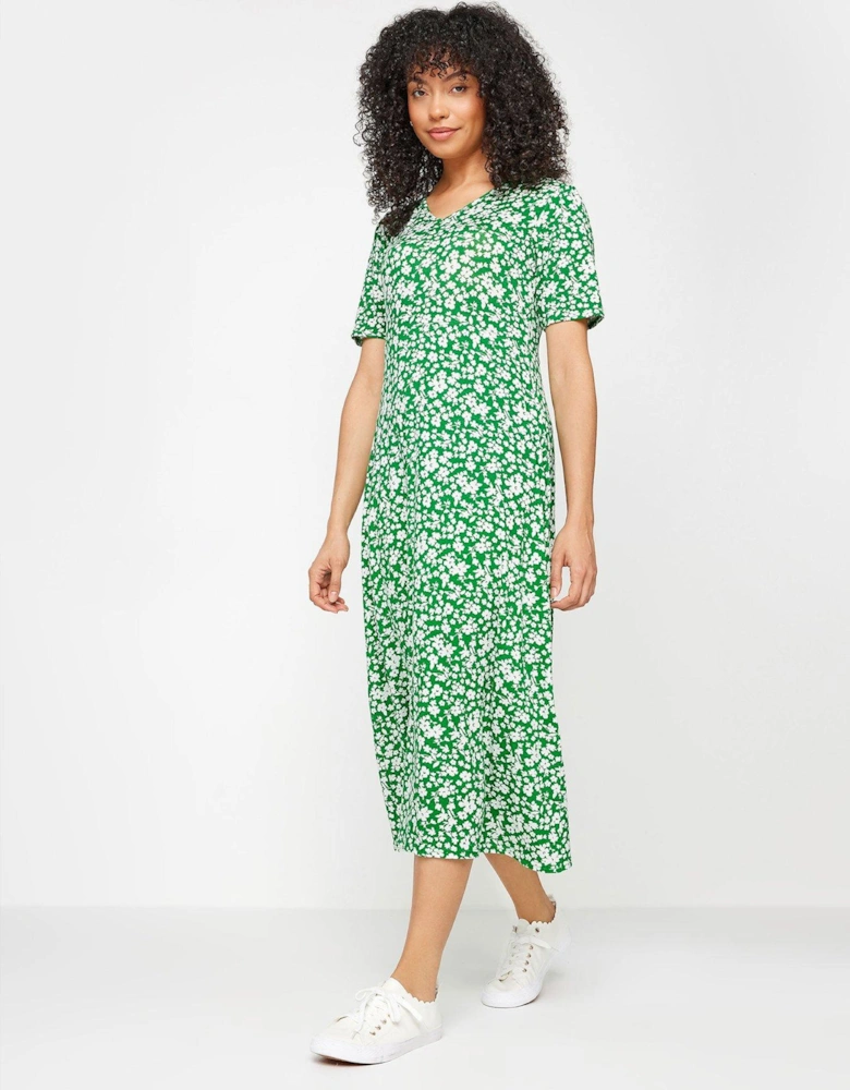 Green Ditsy Print V Neck Dress