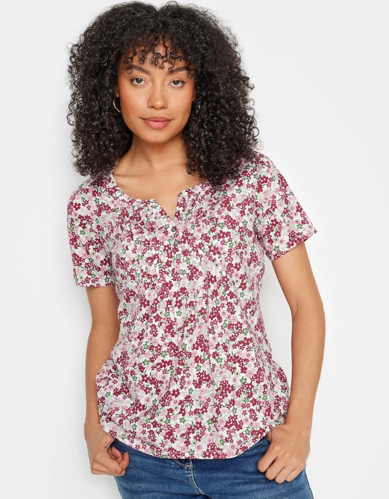 Floral Ditsy Pink Short Sleeve Cotton Henley T Shirt