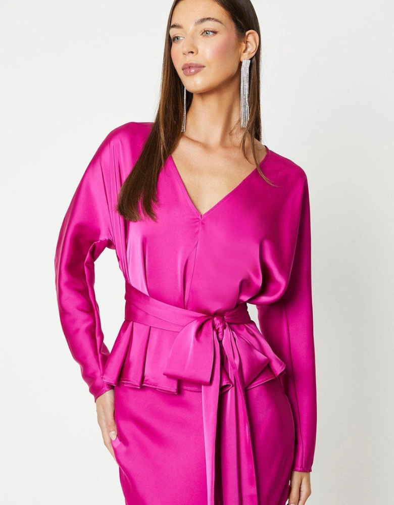Long Sleeve Satin Top With Tie Detail