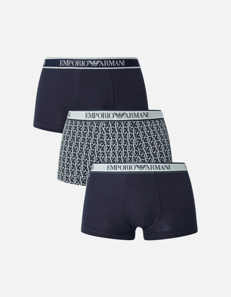 3-Pack Stretch Cotton Navy/Mono Boxer Trunks