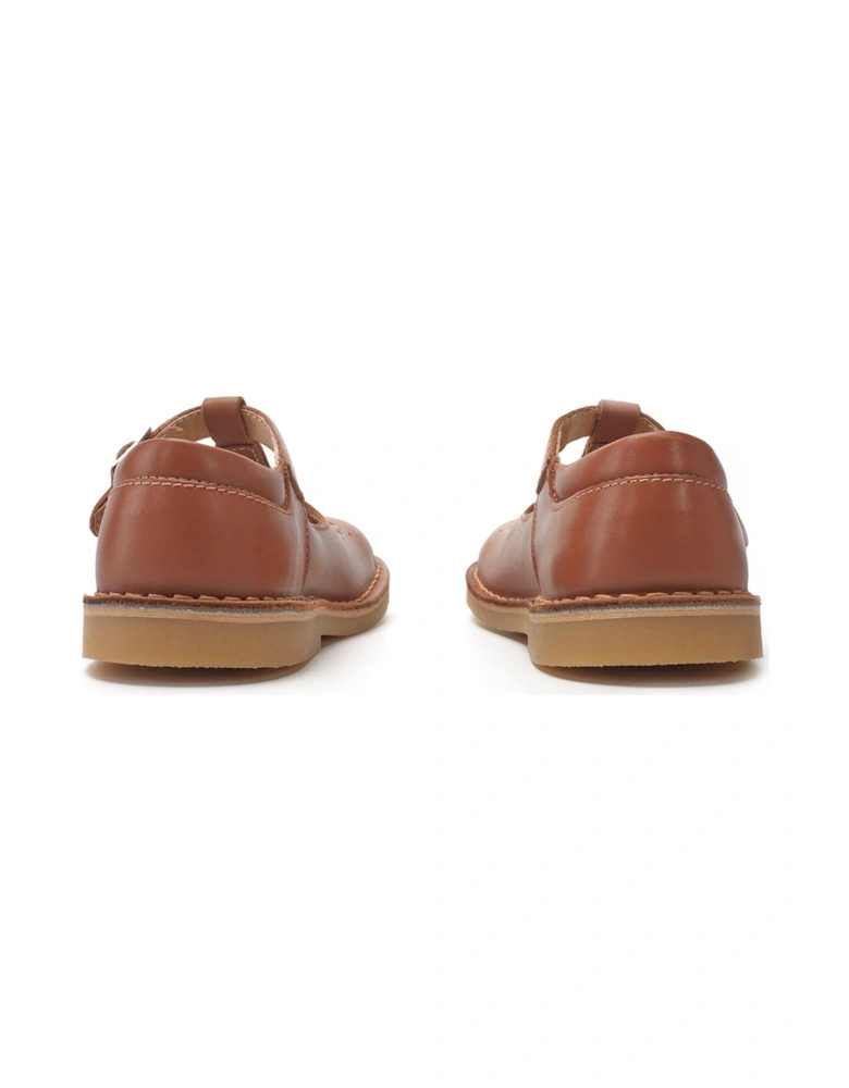 Girls Lottie Leather Classic T-Bar Buckle Shoes with Cut Out Detailing - Tan