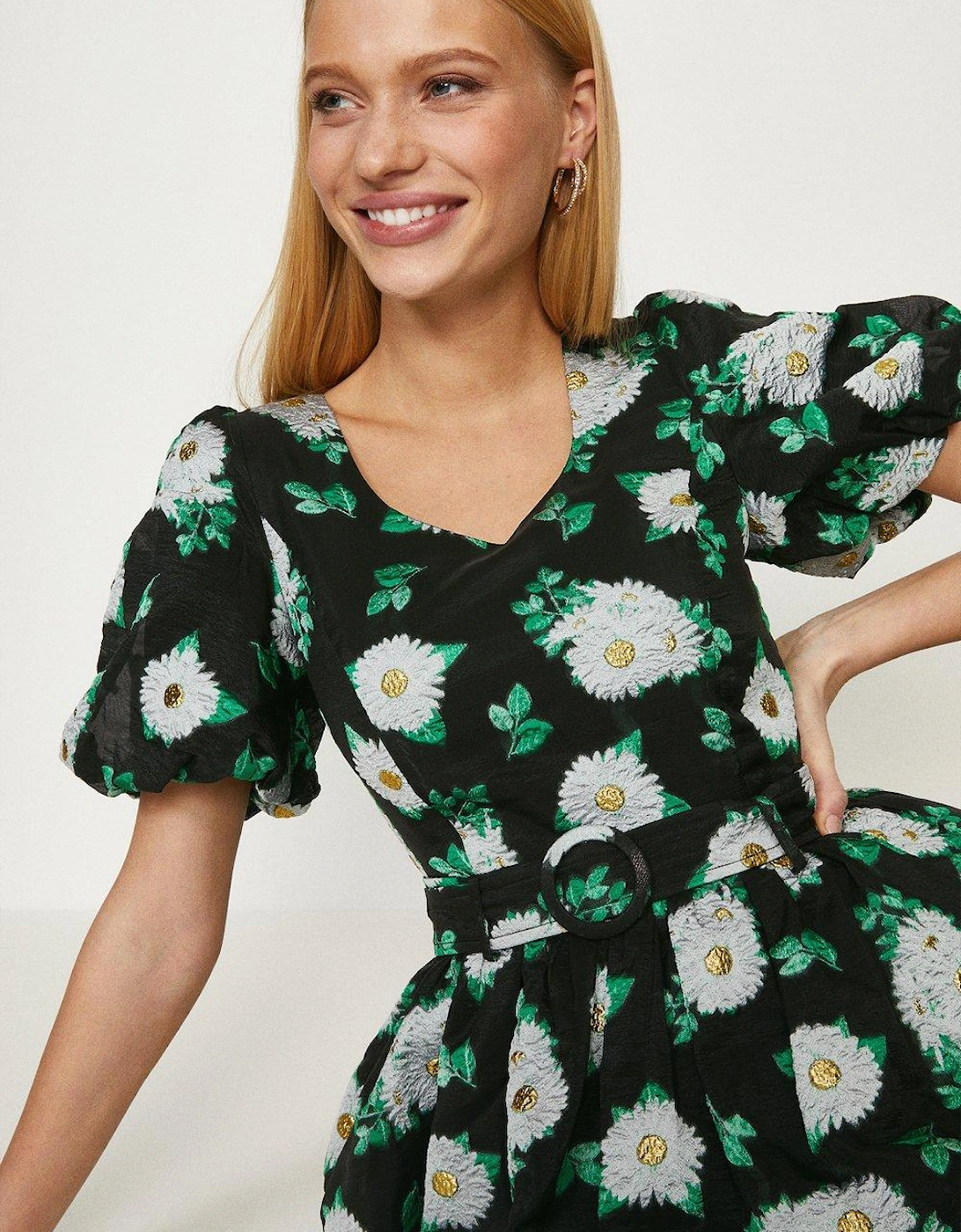 Midi Puff Sleeve Floral Belted Dress