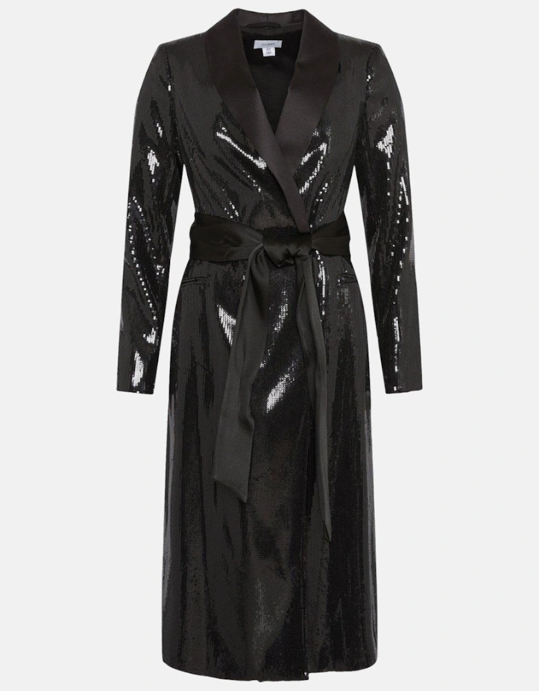 Premium Sequin Satin Trim Belted Blazer Dress