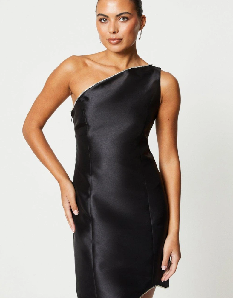 One Shoulder Twill Mini Dress With Sequin Trim
