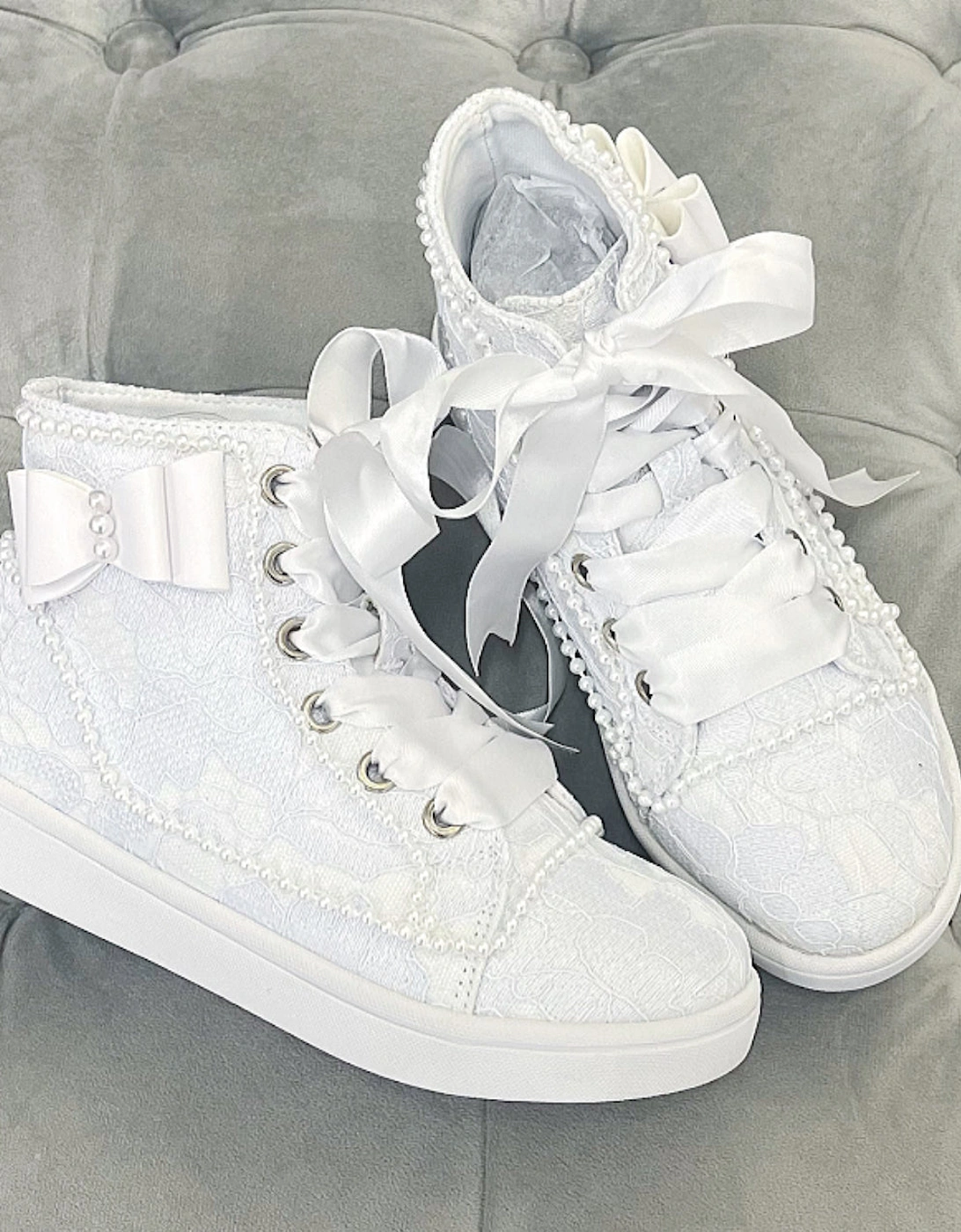 Raya White Hi Top Lace Pearl Trainers, 4 of 3
