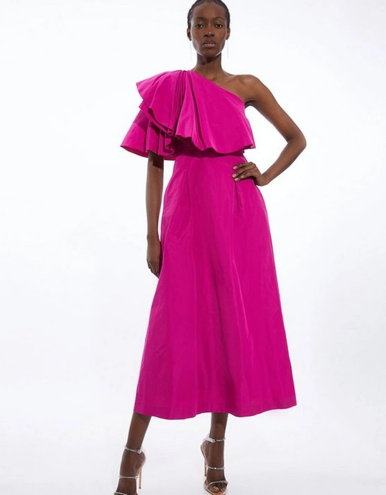 Taffeta One Shoulder Ruffle Midi Dress