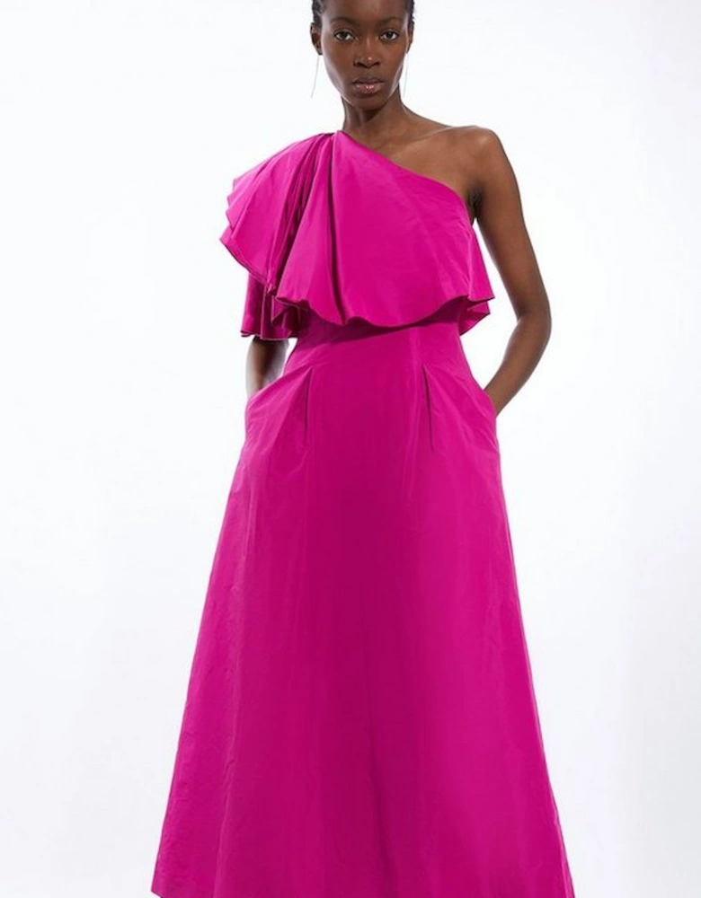 Taffeta One Shoulder Ruffle Midi Dress