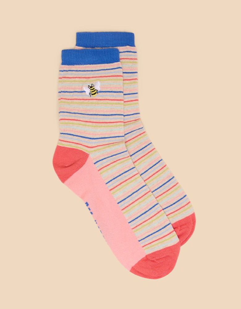 Bee Embroidered Ankle Sock Natural Multi