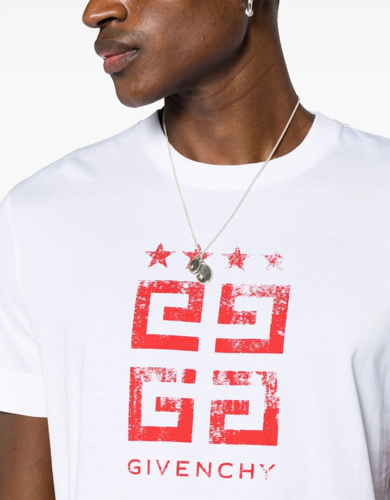4G Stars Red Logo Printed T-Shirt in White