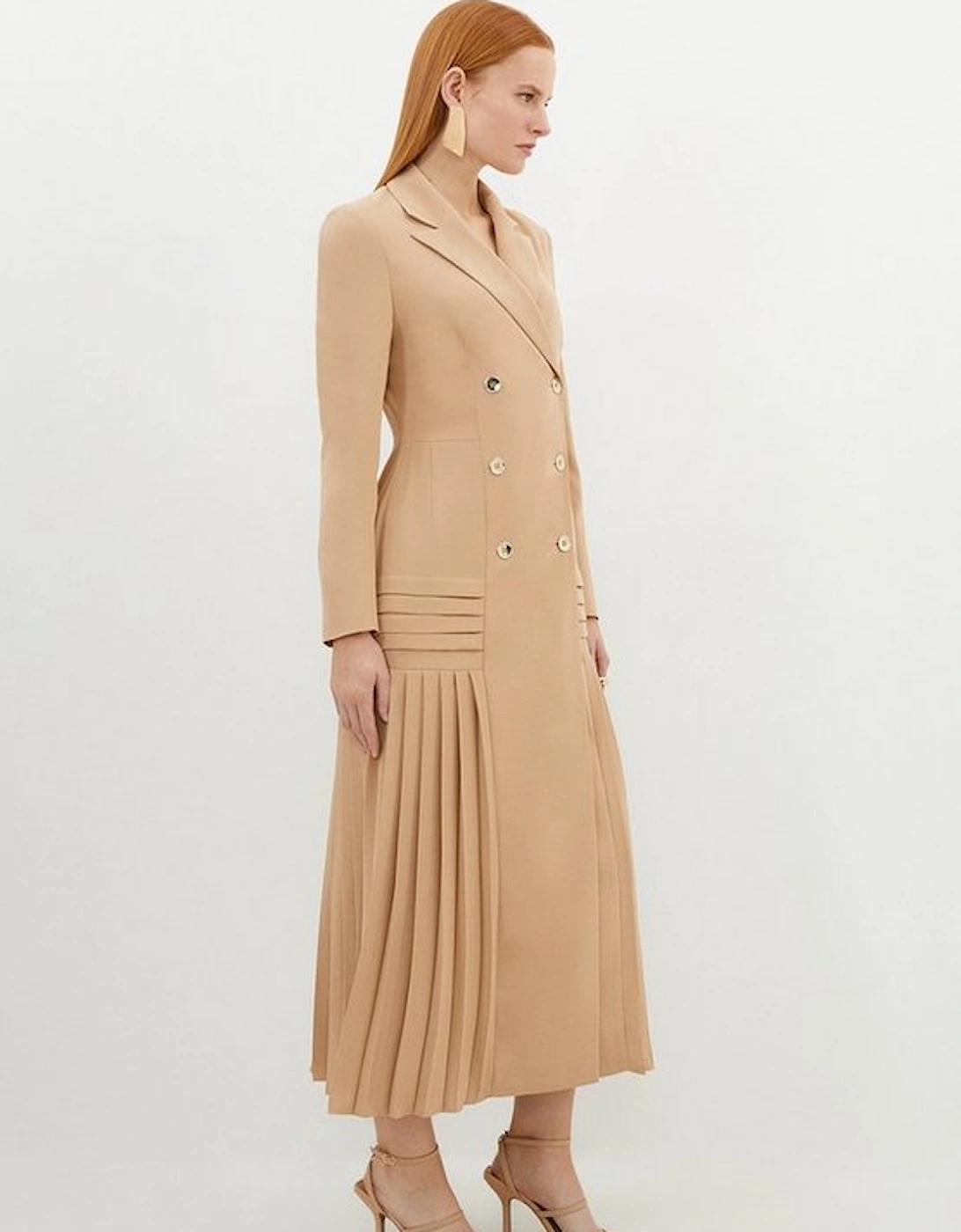 Pleated Button Detailed Woven Midi Dress