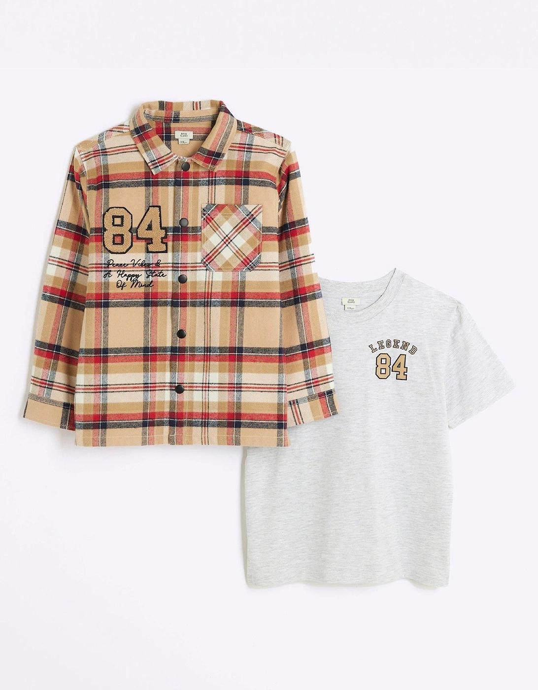 Boys Check Overshirt and T-shirt Set - Beige, 3 of 2