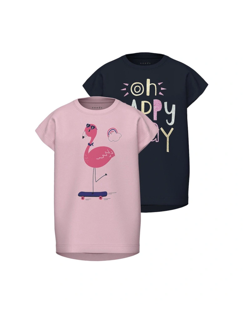 Mini Girls 2 Pack Flamingo Short Sleeve Tshirts - Parfait Pink/Dark Sapphire