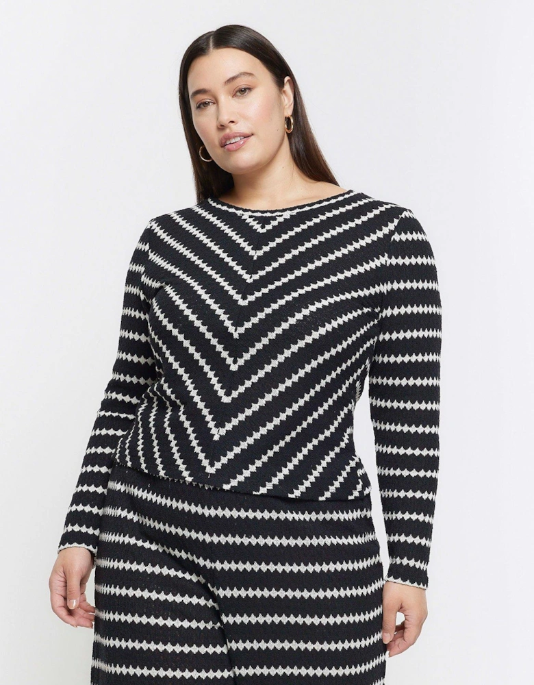 Plus Crochet Stripe Long Sleeve Top - Black
