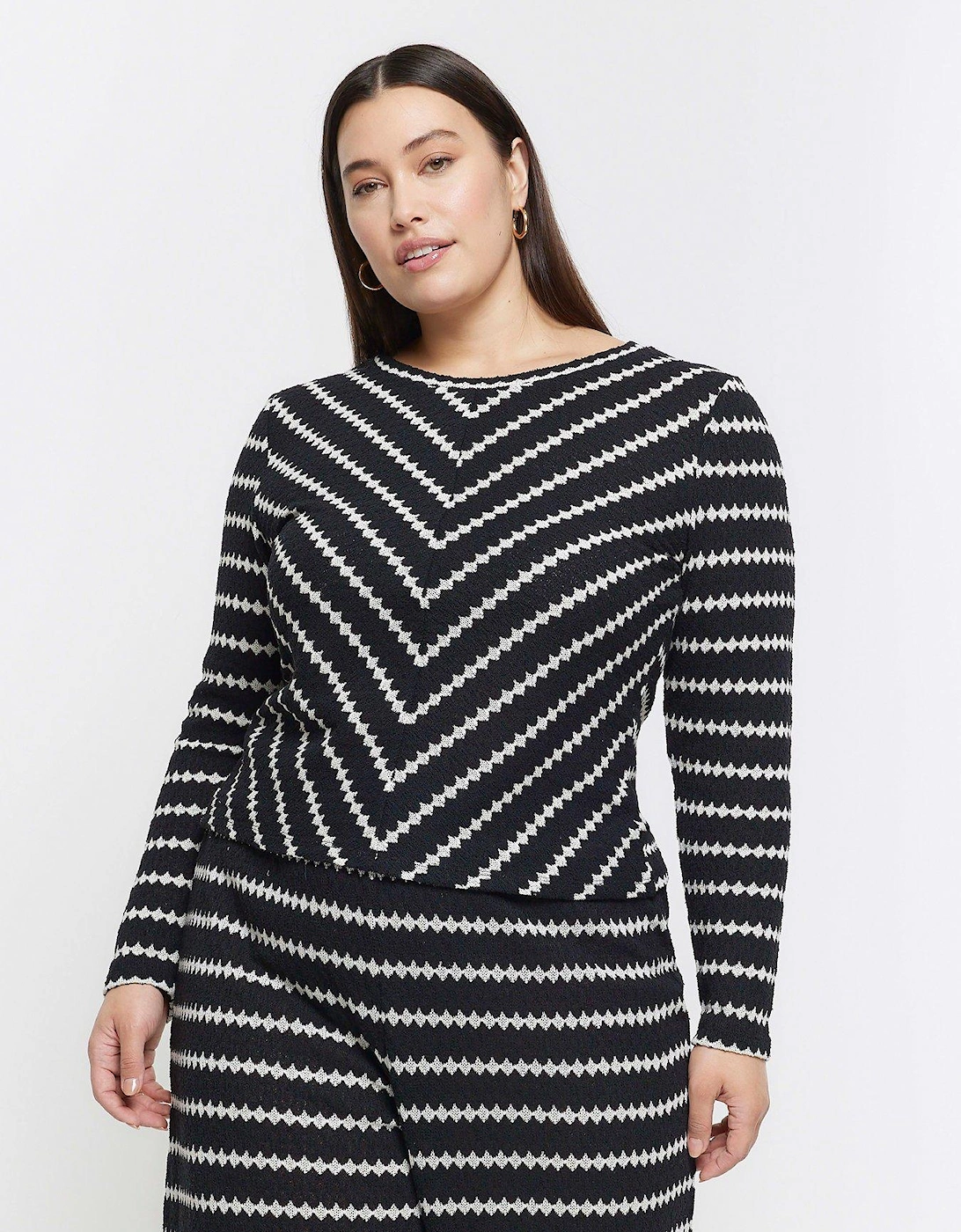 Plus Crochet Stripe Long Sleeve Top - Black, 2 of 1