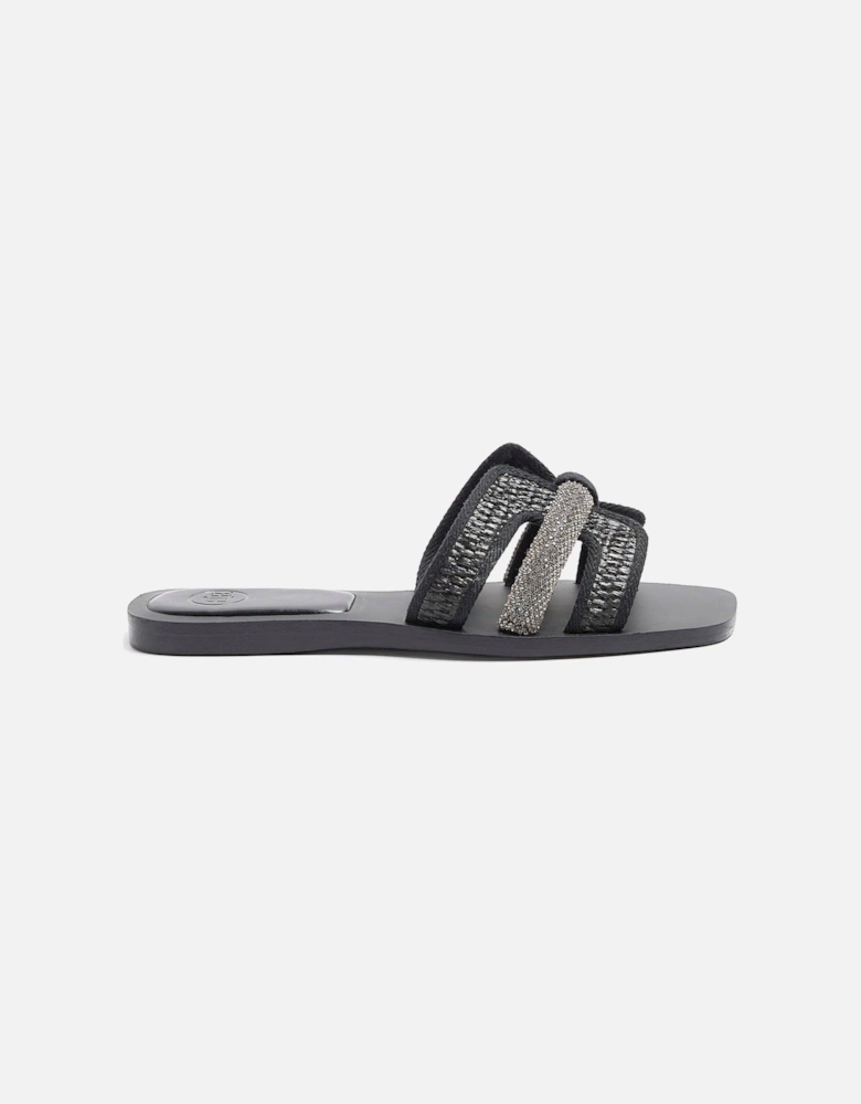Raffia Detail Sandal - Black