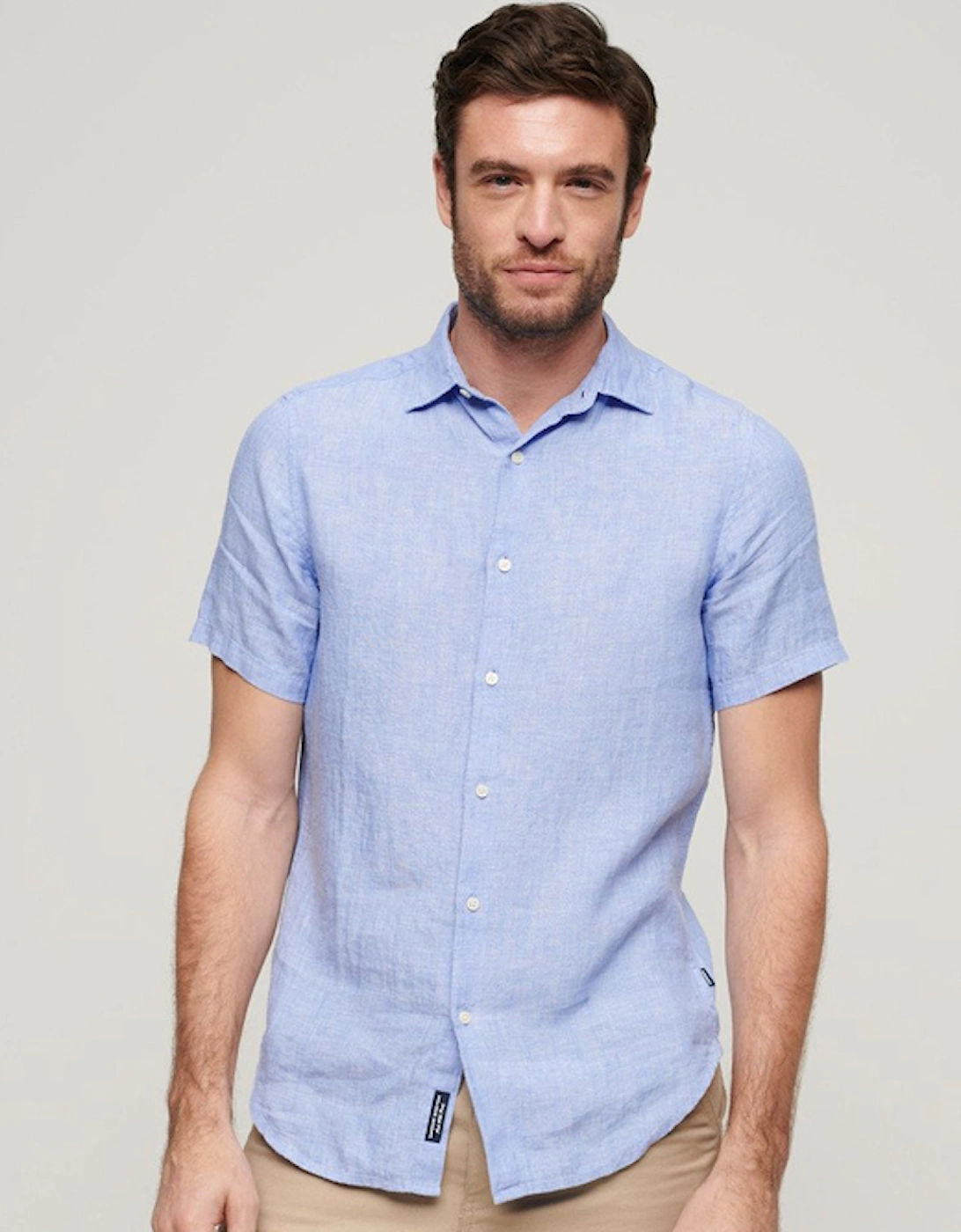 Men's Studios Casual Linen Short Sleeve Shirt Light Blue Chambray, 7 of 6