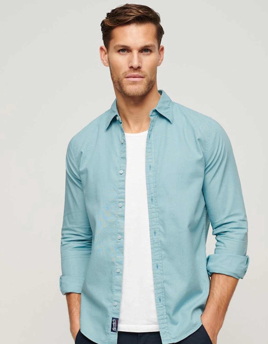 Men's Overdyed Cotton Long Sleeve Shirt Sky Blue, 8 of 7