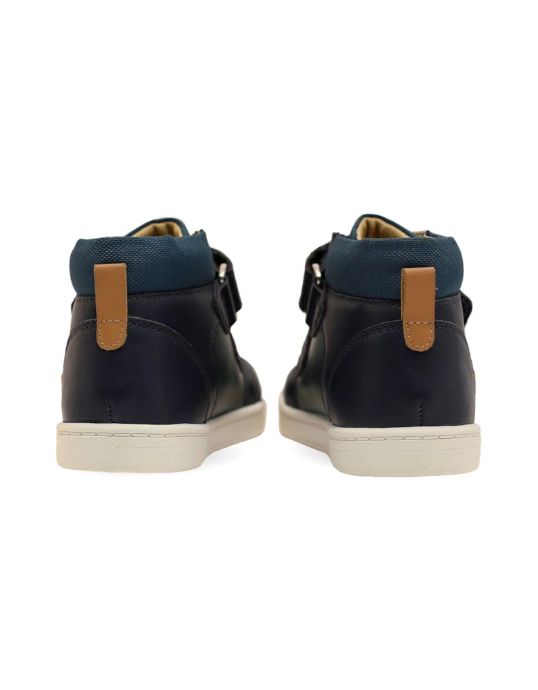 Discover Leather Double Riptape Padded Ankle Hi-Top Trainers - Navy 