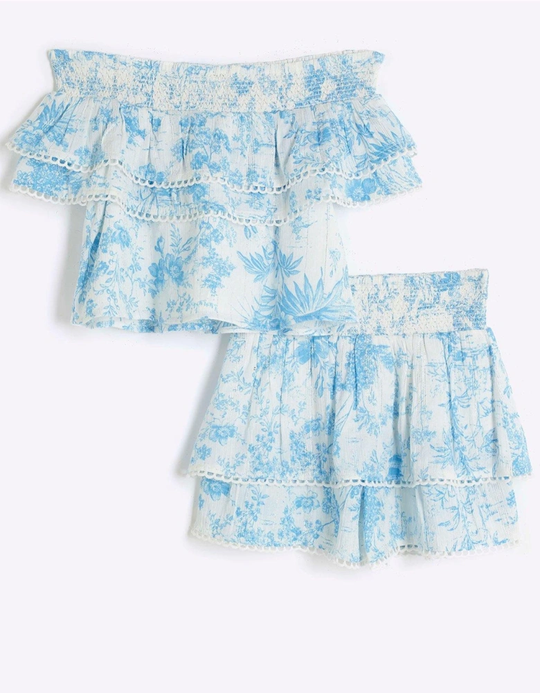 Girls Bardot Blouse And Skirt Set - Blue
