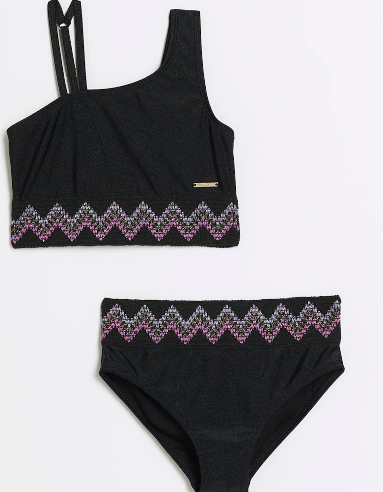 Girls Zig Zag Elastic Bikini Set - Black