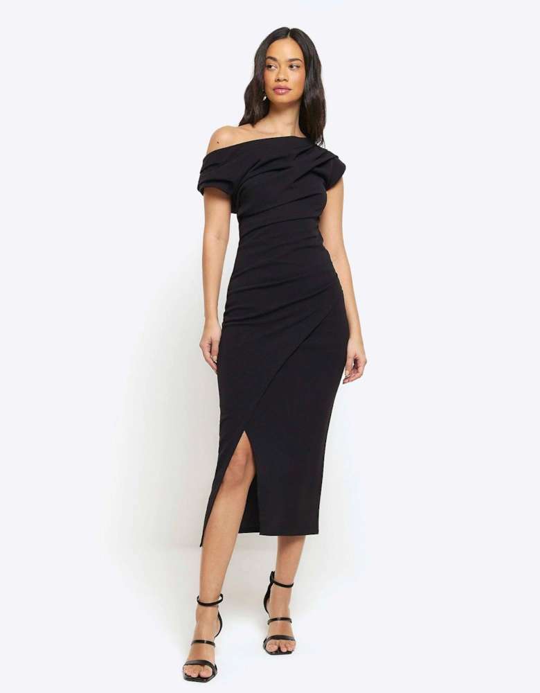 Asymmetric Drape Wrap Dress - Black