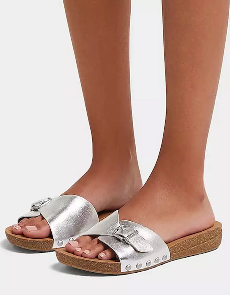 Women's Iqushion Adjustable Buckle Metallic Leather Slides Silver