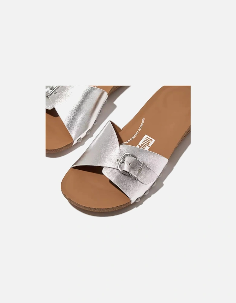 Women's Iqushion Adjustable Buckle Metallic Leather Slides Silver