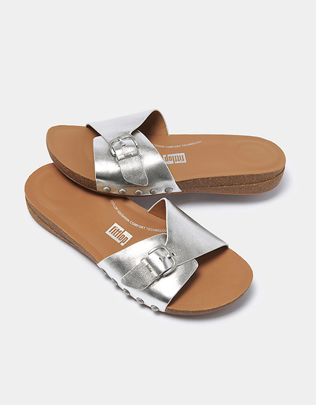 Women's Iqushion Adjustable Buckle Metallic Leather Slides Silver