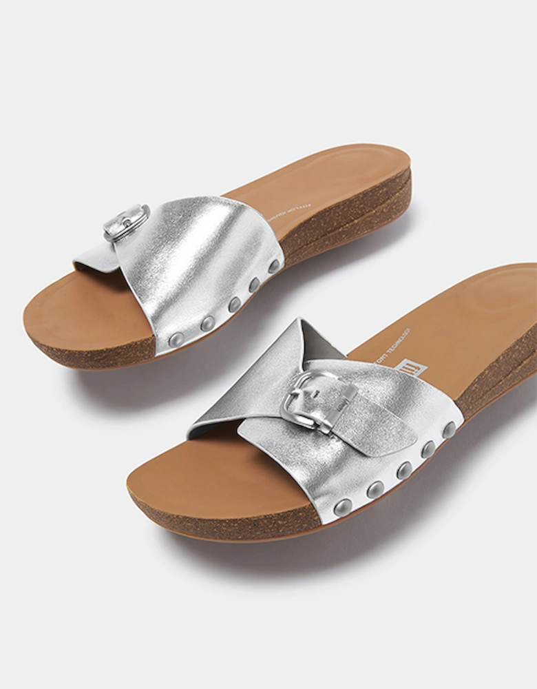 Women's Iqushion Adjustable Buckle Metallic Leather Slides Silver