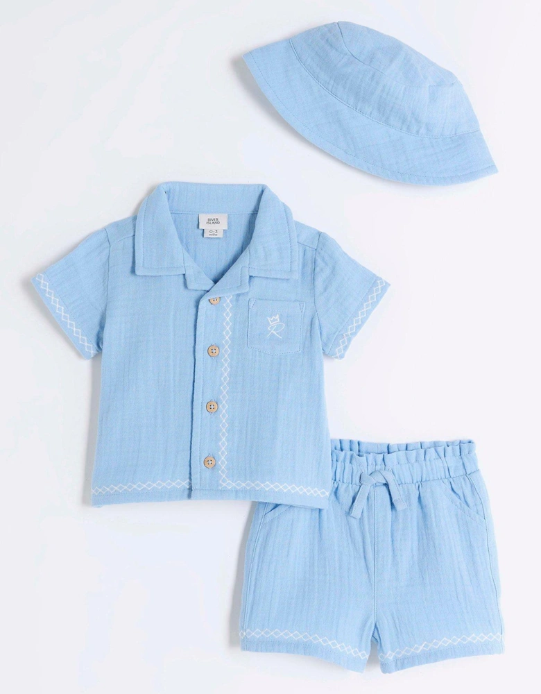Baby Boys Embroidered Shirt Set - Blue
